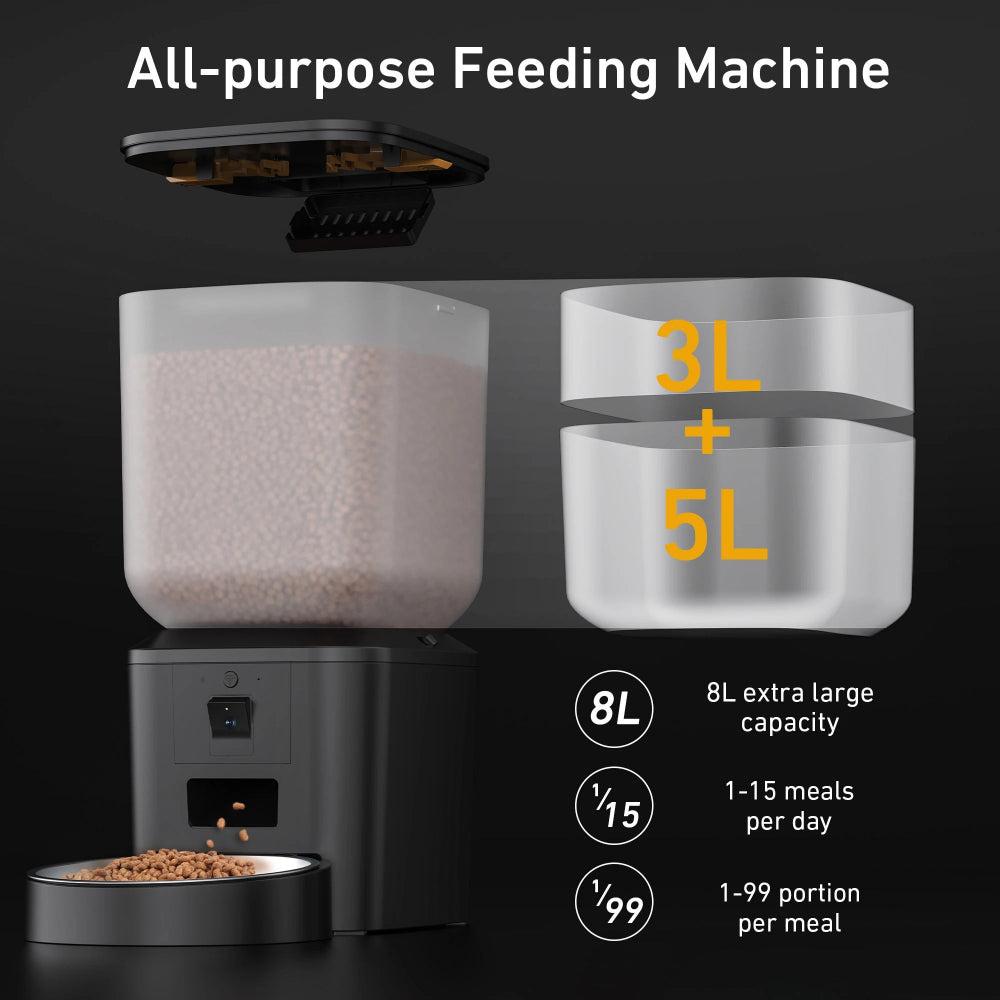 Ultra Capacity 8L Smart Pet Feeder with 1080p Surveillance Camera - 5G WiFi, Voice Recording and Mobile App Control for Cats and Dogs - Pet Moda Store