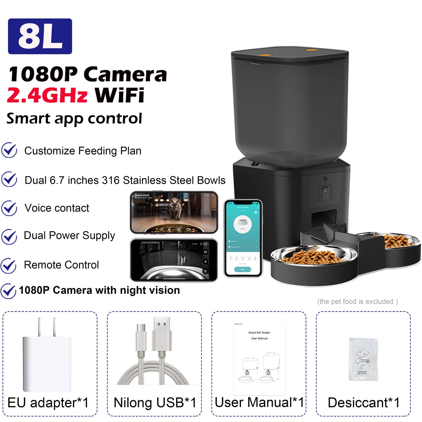 Ultra Capacity 8L Smart Pet Feeder with 1080p Surveillance Camera - 5G WiFi, Voice Recording and Mobile App Control for Cats and Dogs - Pet Moda Store