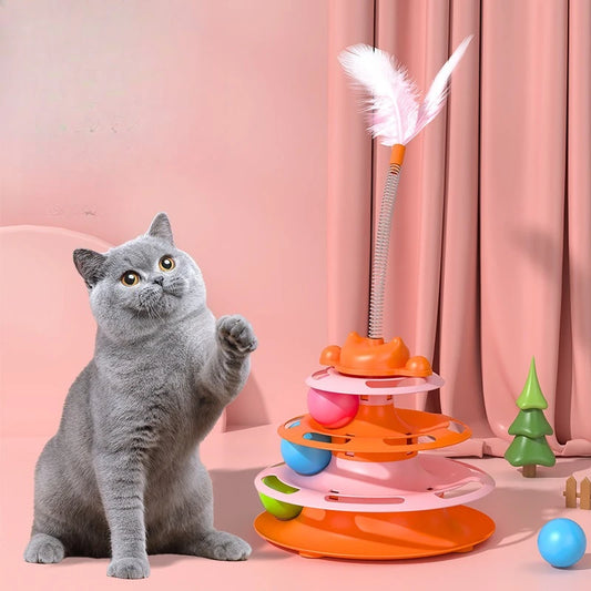 TowerPlay™ 4-Tier Interactive Cat Turntable | Premium Feather Chase System | Includes Ball Track & Playing Wand | Multi-Level Feline Entertainment - Pet Moda Store