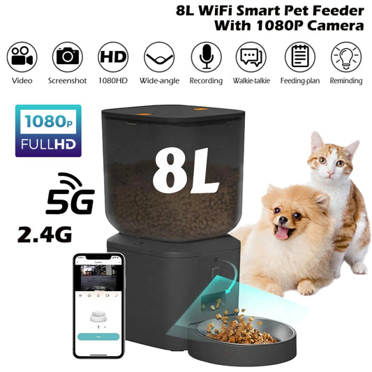 Ultra Capacity 8L Smart Pet Feeder with 1080p Surveillance Camera - 5G WiFi, Voice Recording and Mobile App Control for Cats and Dogs - Pet Moda Store