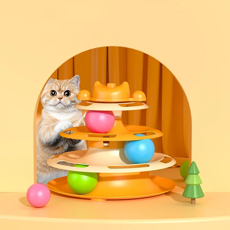 TowerPlay™ 4-Tier Interactive Cat Turntable | Premium Feather Chase System | Includes Ball Track & Playing Wand | Multi-Level Feline Entertainment - Pet Moda Store